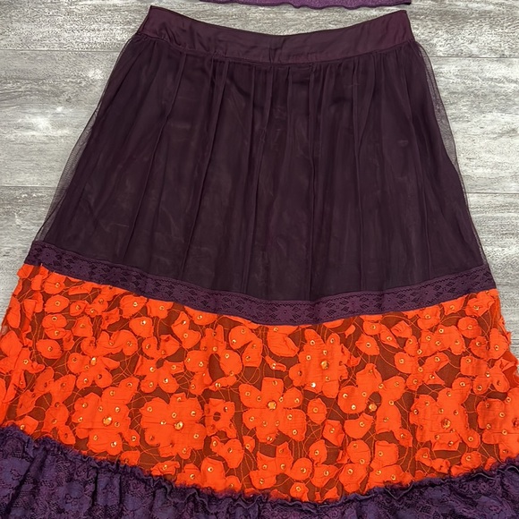 VINTAGE 90S RETRO ORANGE PURPLE LACE THREE PIECE TOP SKIRT - Picture 7 of 16
